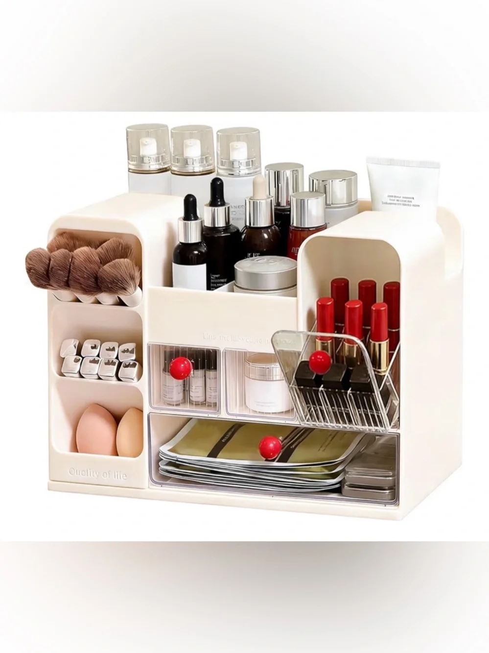 Beige Cosmetic Organizer for Countertop - Multi-Compartment Makeup Storage